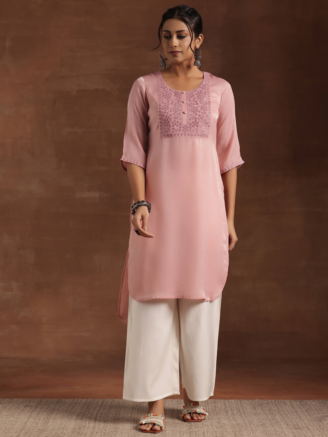 Peach Yoke Design Polyester Straight Kurta