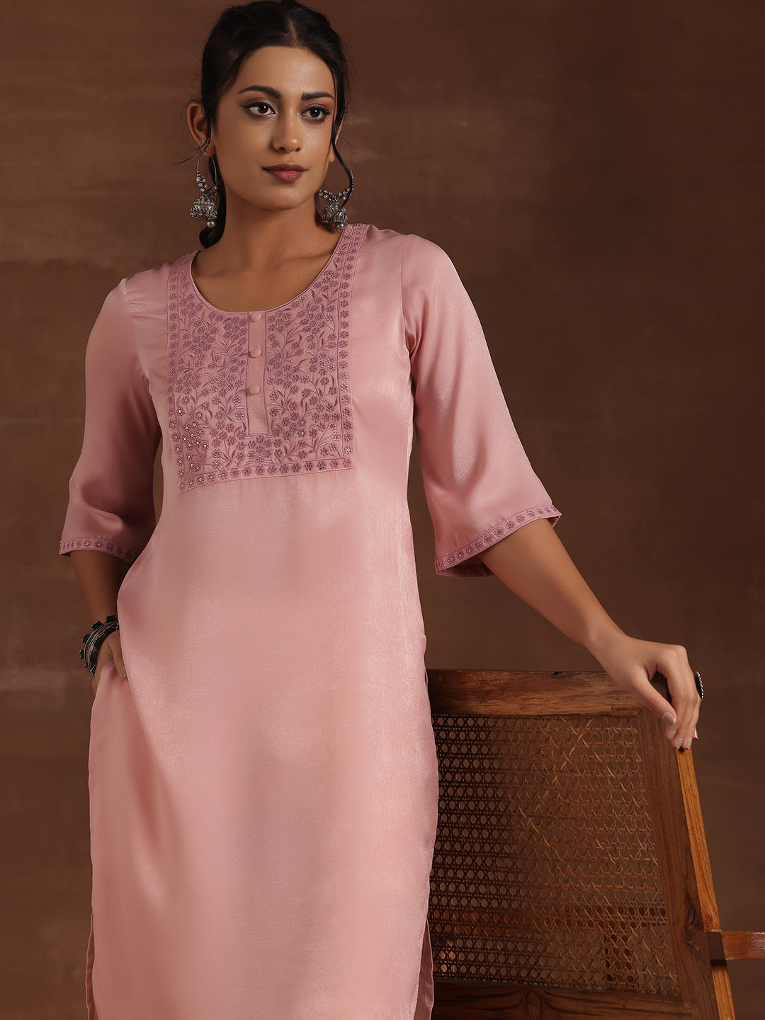 Peach Yoke Design Polyester Straight Kurta