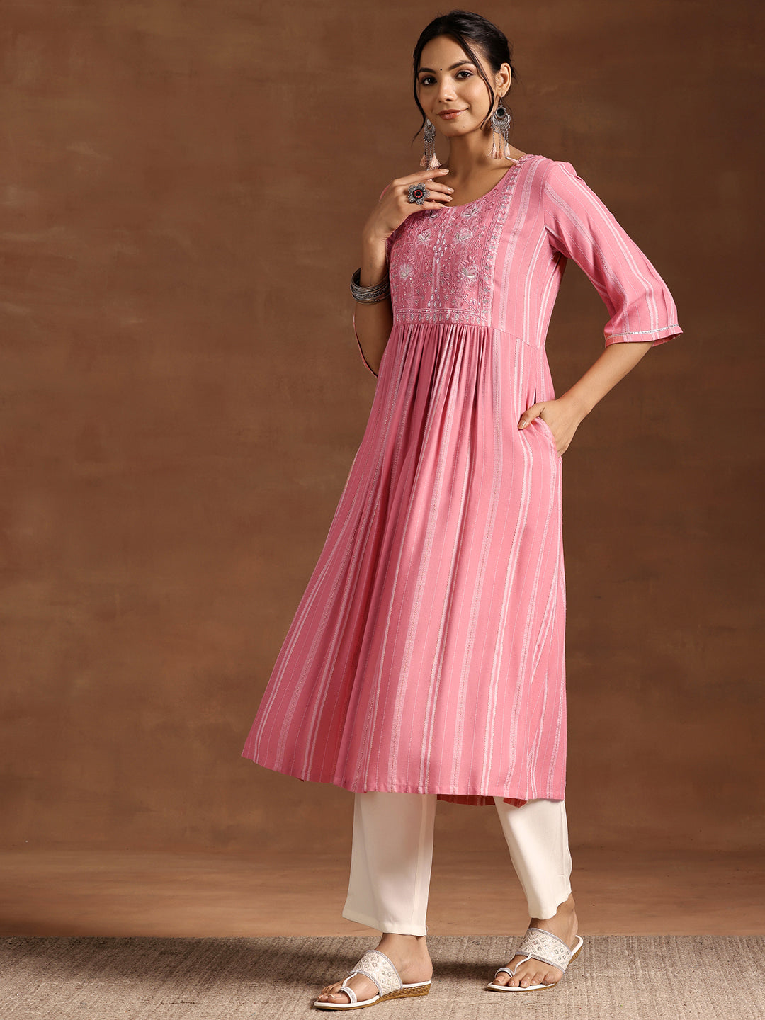 Peach Woven Design Rayon A-Line Kurta