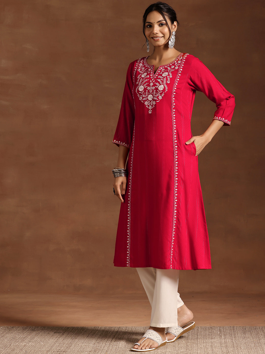 Red Yoke Design Rayon A-Line Kurta