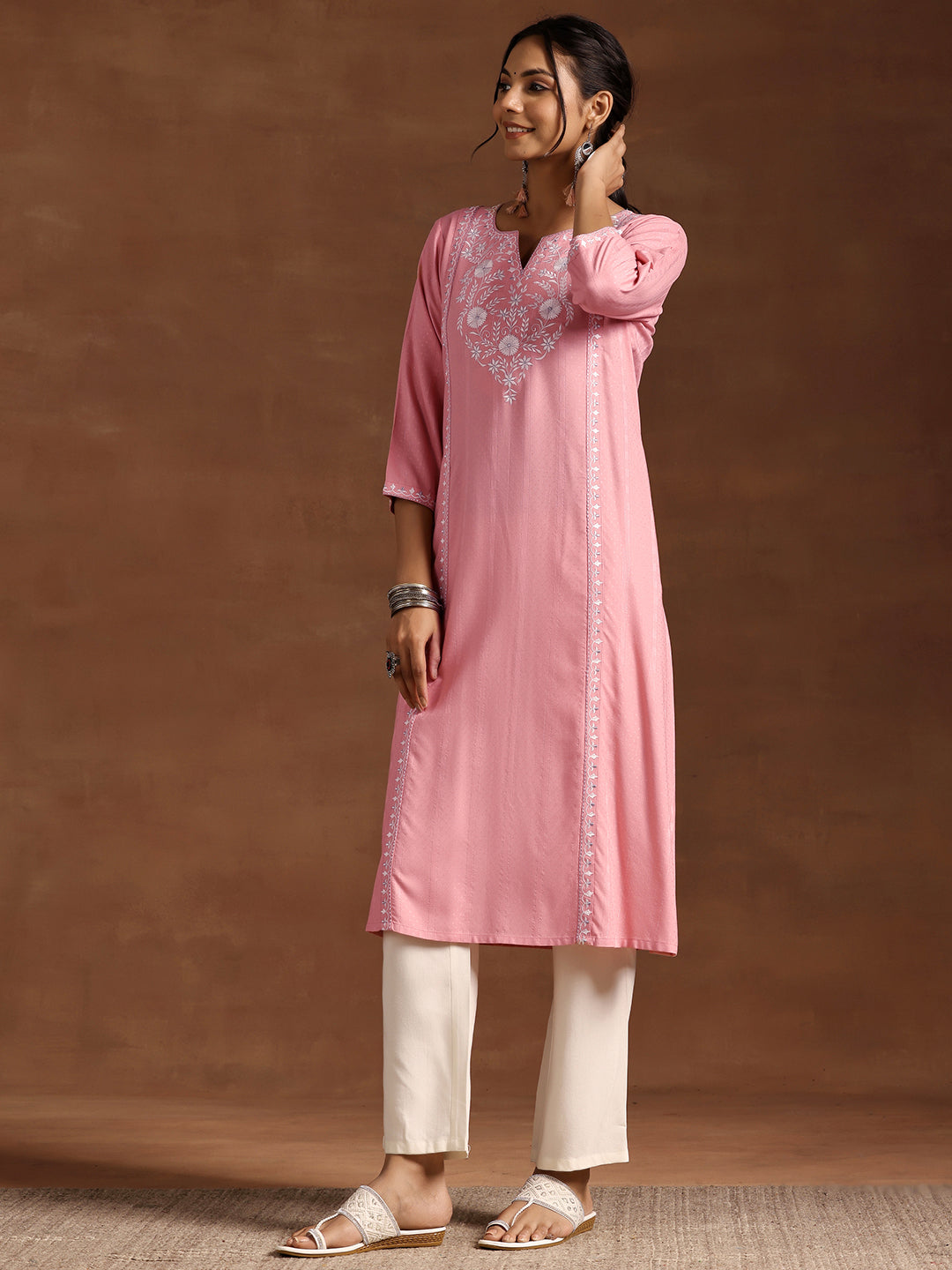 Peach Yoke Design Rayon A-Line Kurta