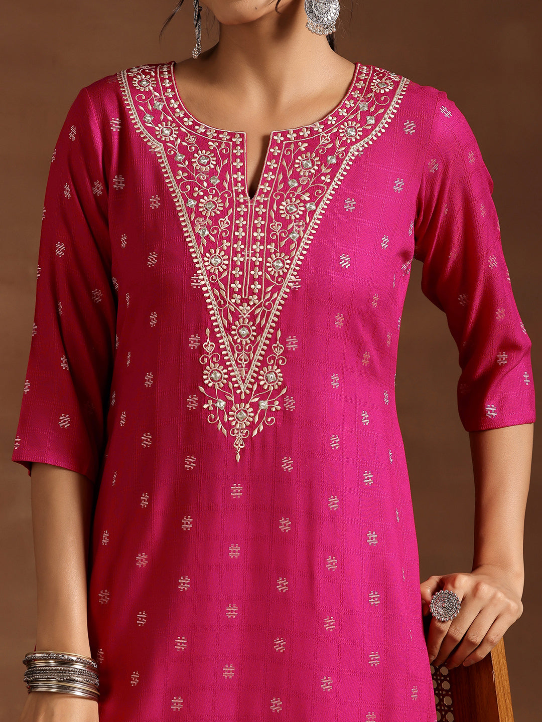 Pink Woven Design Rayon Straight Kurta