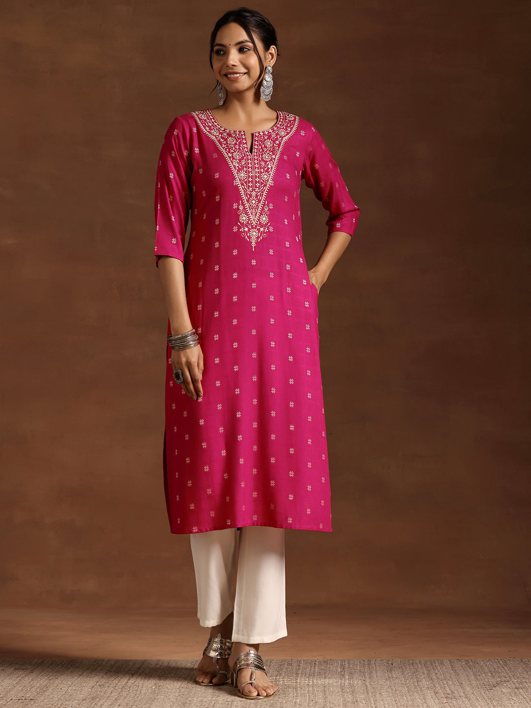 Pink Woven Design Rayon Straight Kurta