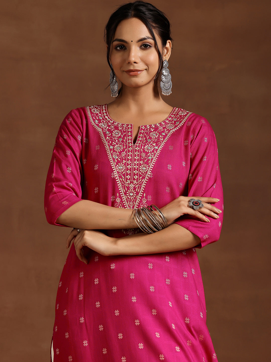 Pink Woven Design Rayon Straight Kurta