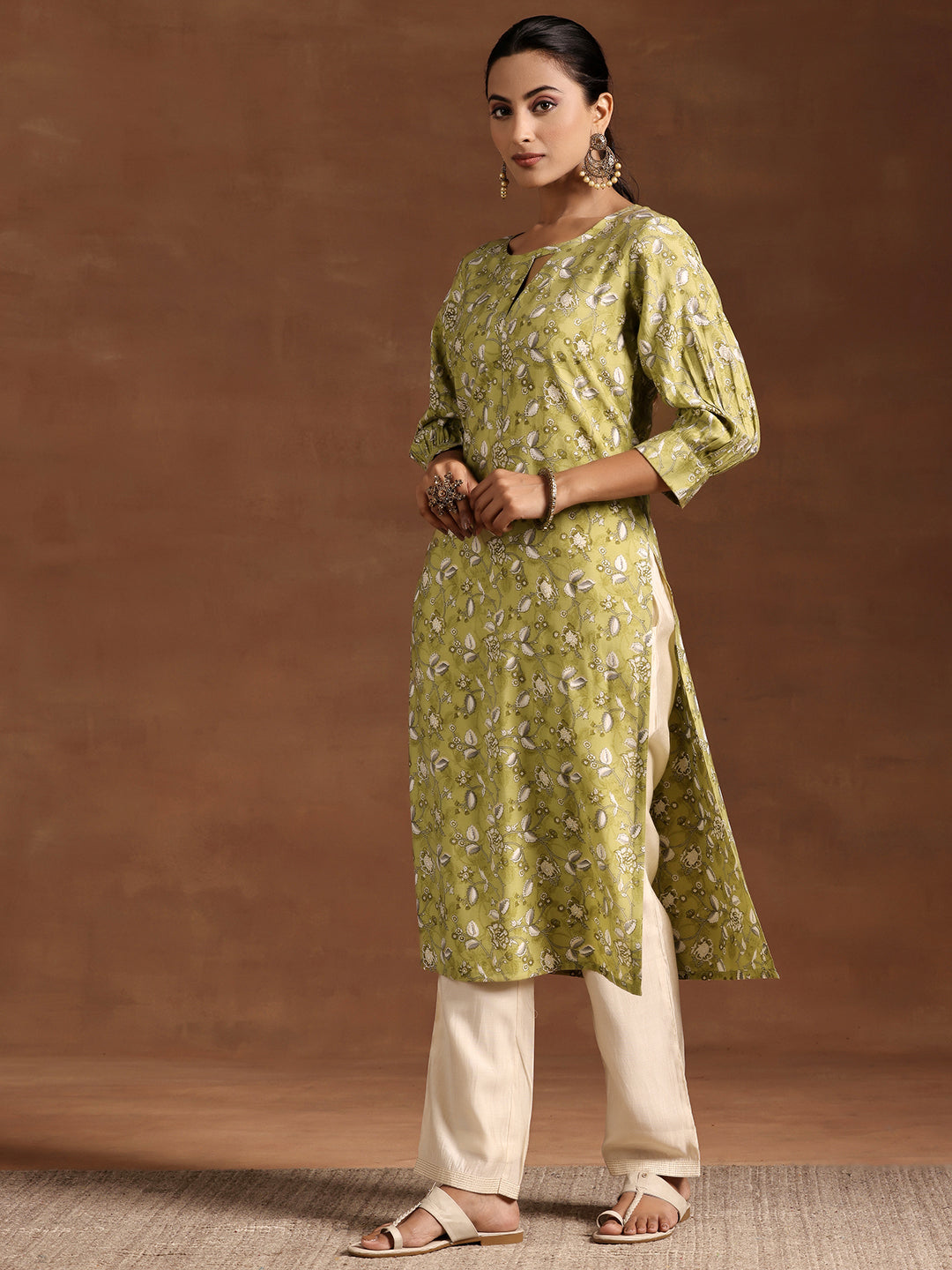 Green Printed Silk Straight Kurta