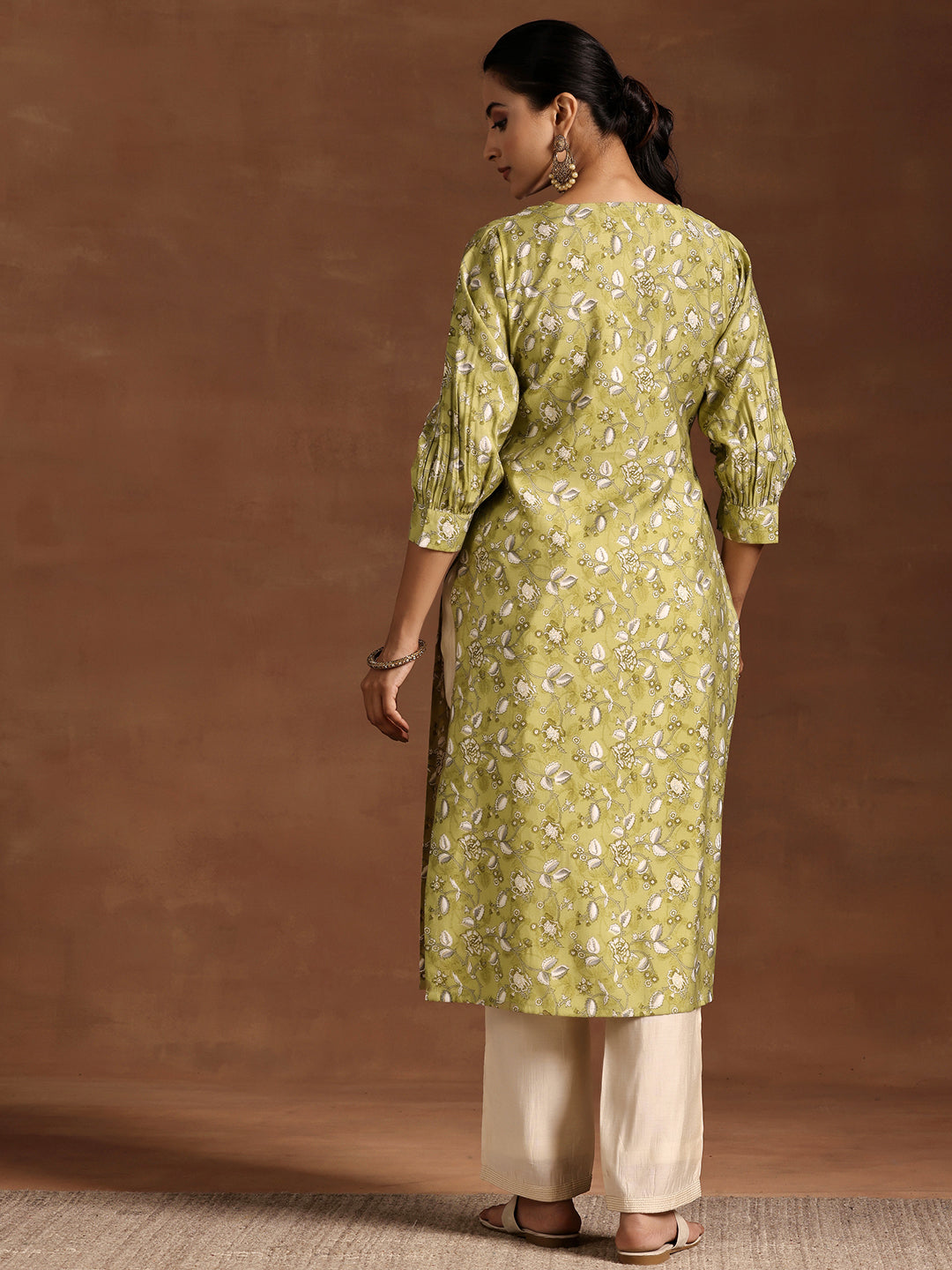 Green Printed Silk Straight Kurta