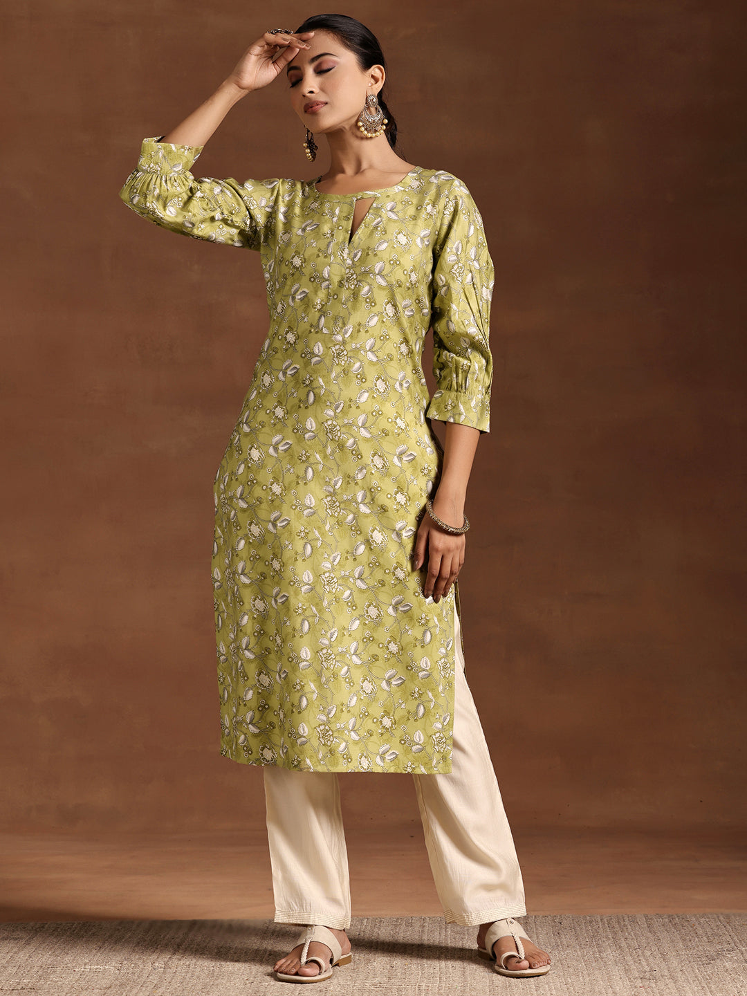 Green Printed Silk Straight Kurta