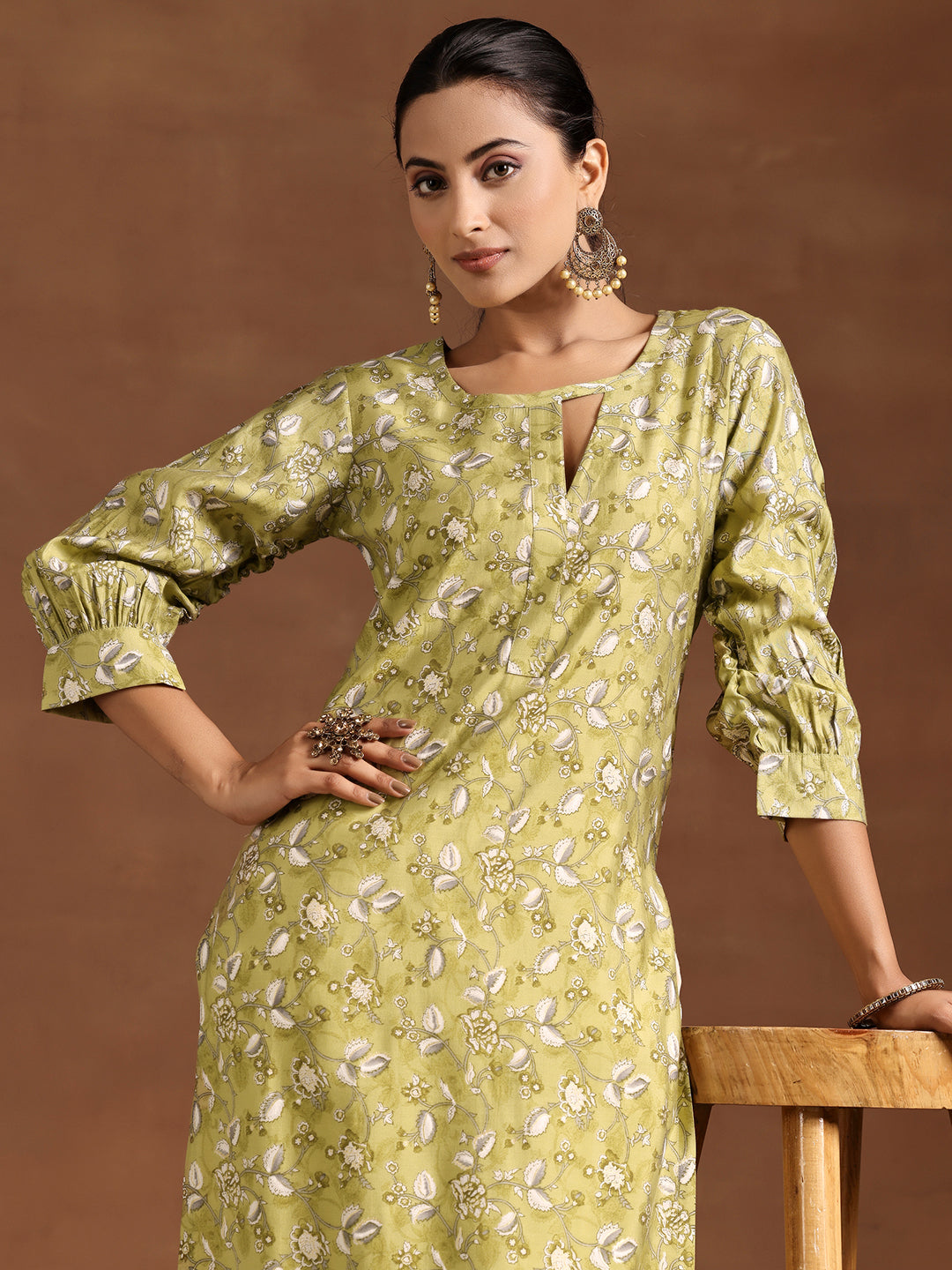 Green Printed Silk Straight Kurta