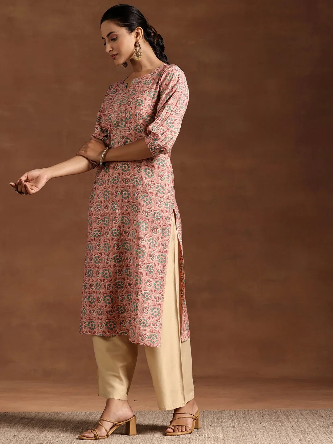 Pink Printed Silk Straight Kurta