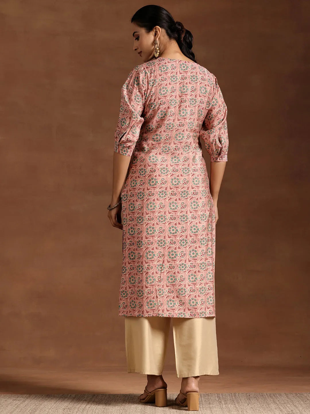 Pink Printed Silk Straight Kurta