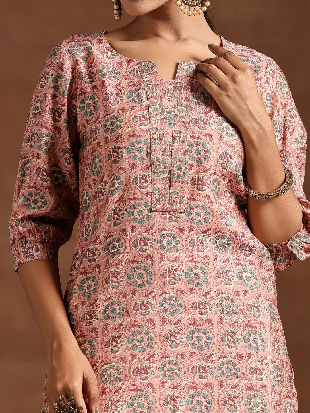 Pink Printed Silk Straight Kurta