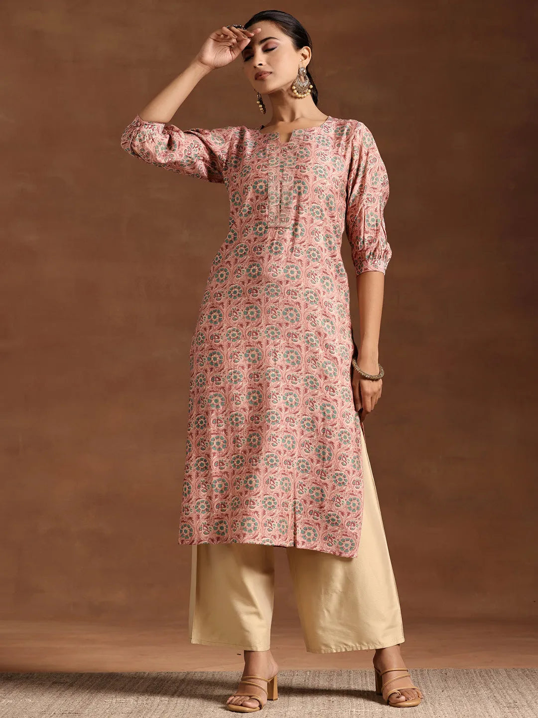 Pink Printed Silk Straight Kurta