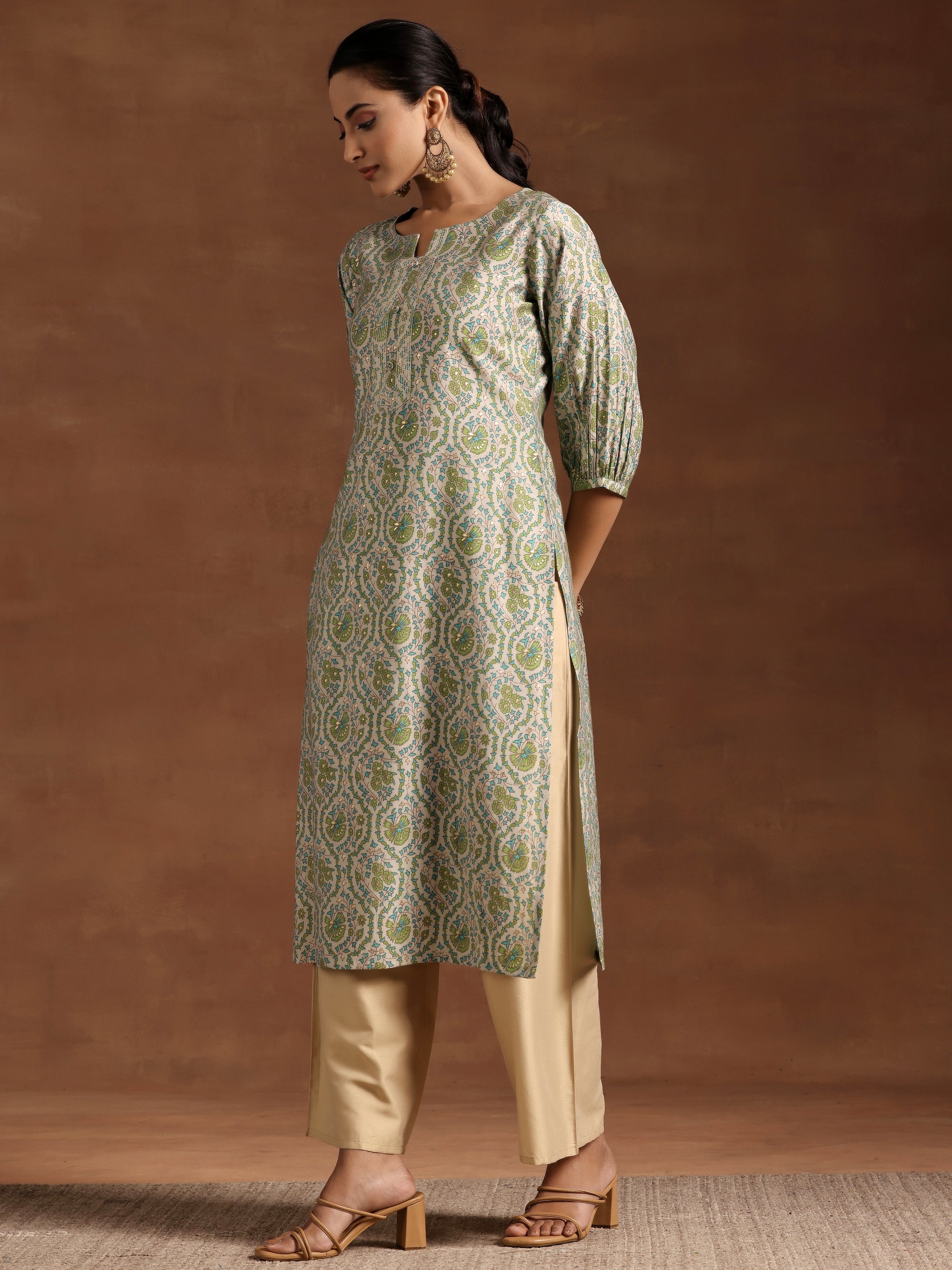 Green Printed Silk Straight Kurta