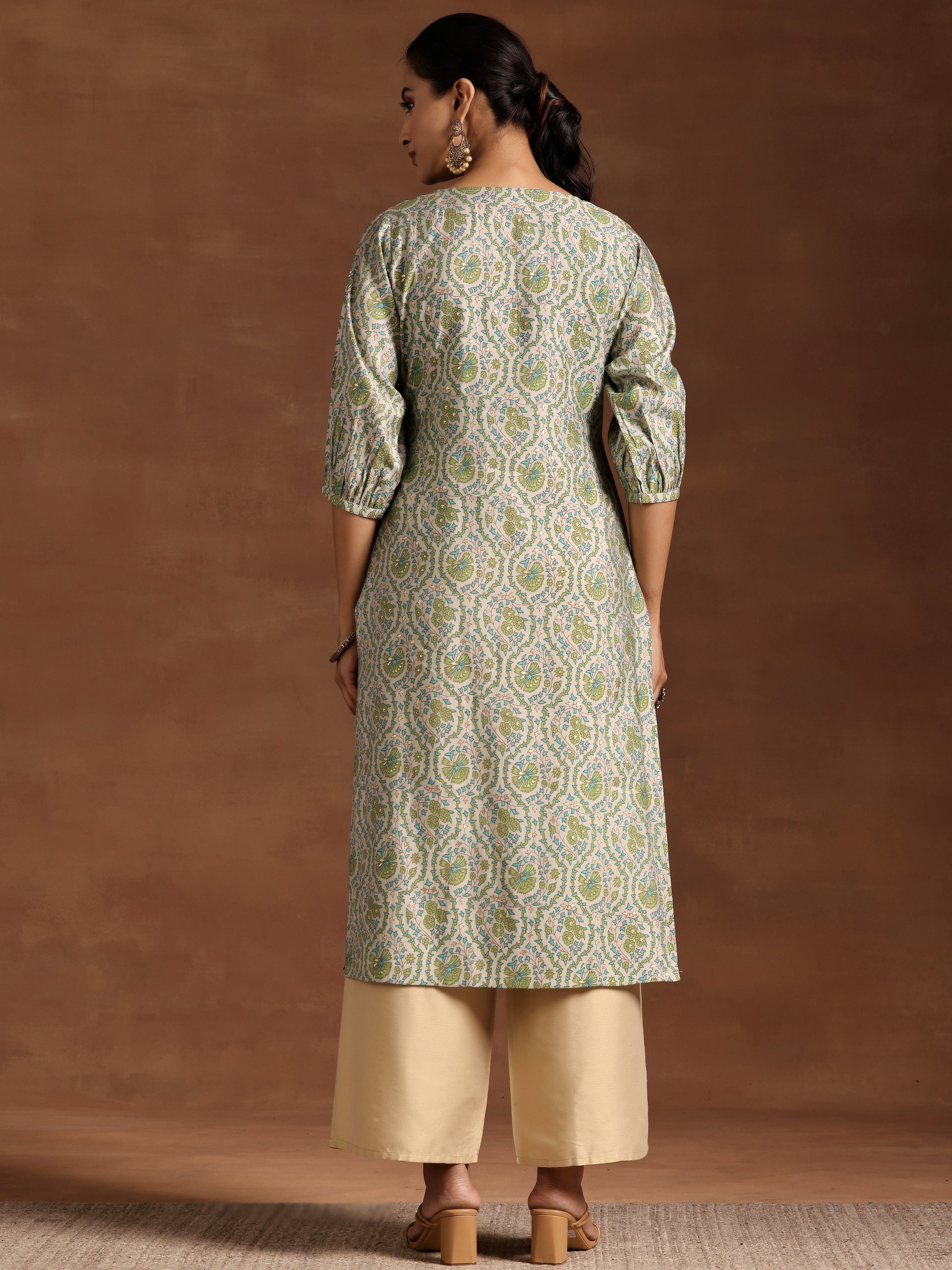 Green Printed Silk Straight Kurta