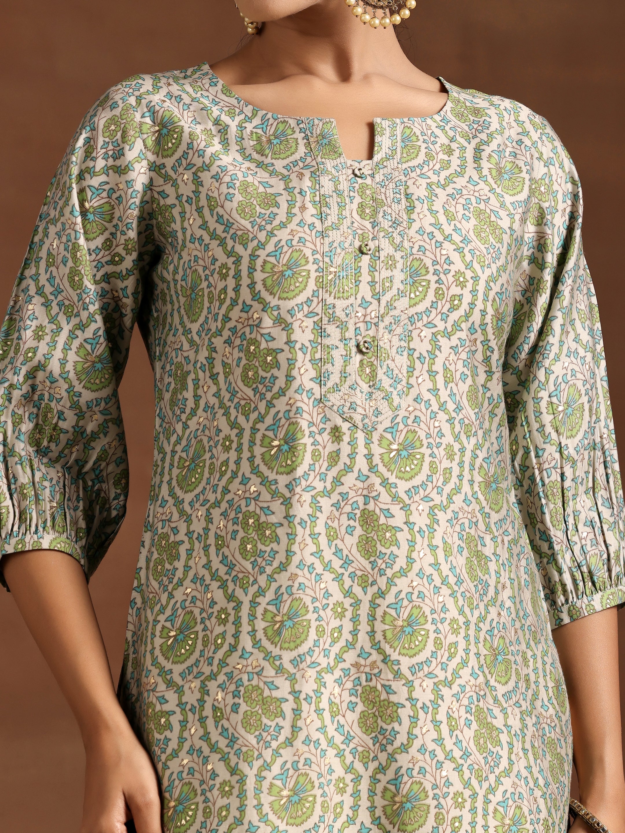 Green Printed Silk Straight Kurta