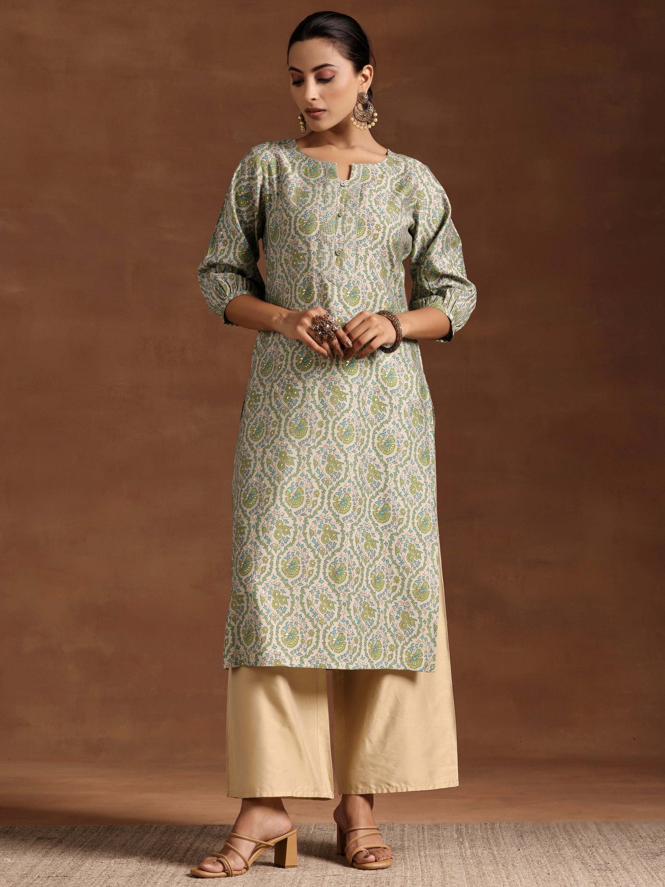 Green Printed Silk Straight Kurta