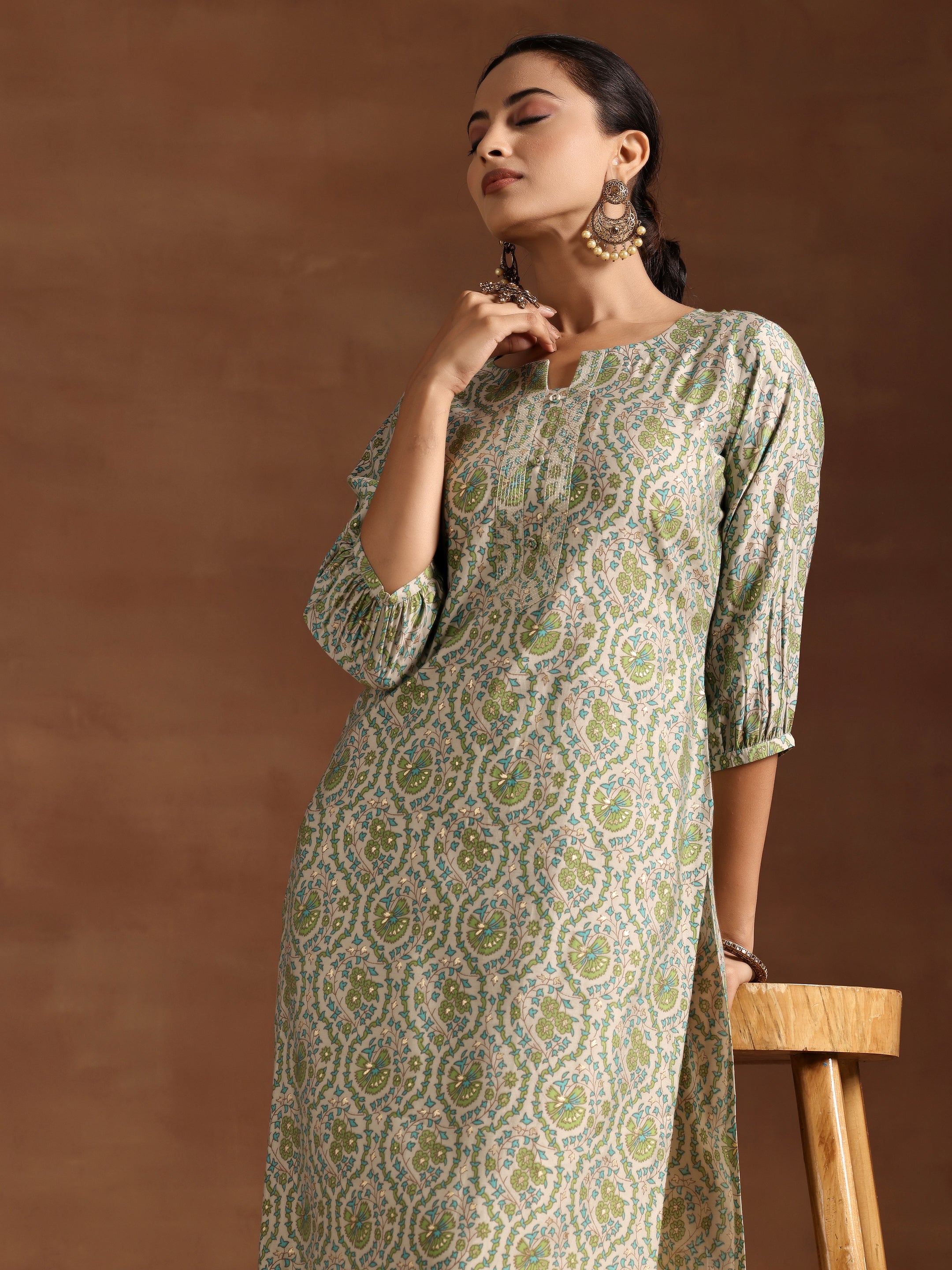 Green Printed Silk Straight Kurta