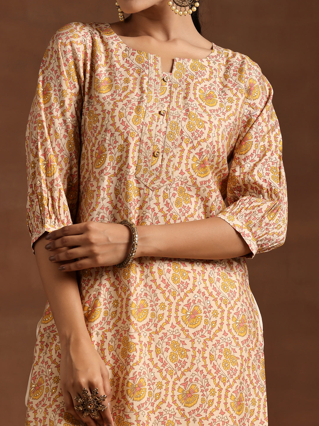 Yellow Printed Silk Straight Kurta