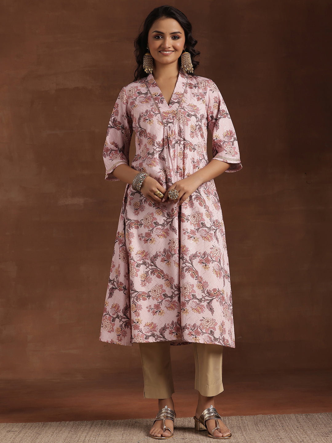 Pink Printed Cotton A-Line Kurta