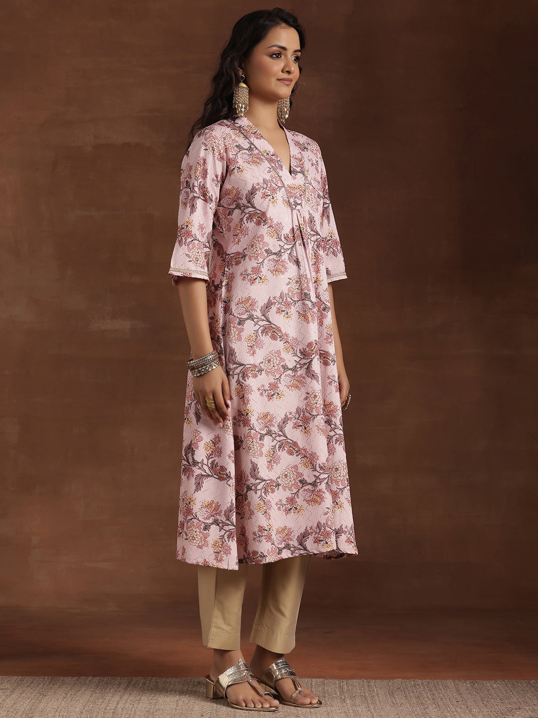 Pink Printed Cotton A-Line Kurta