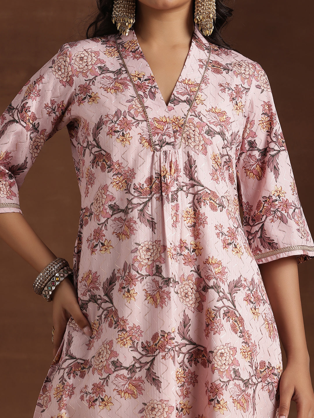 Pink Printed Cotton A-Line Kurta