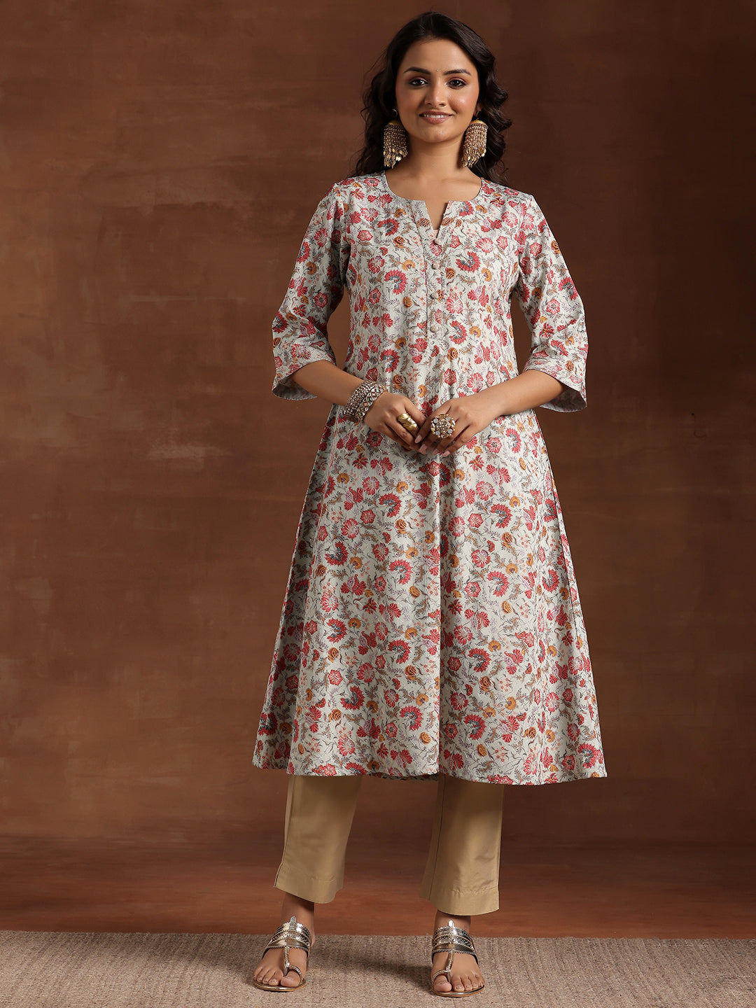 Green Printed Cotton A-Line Kurta