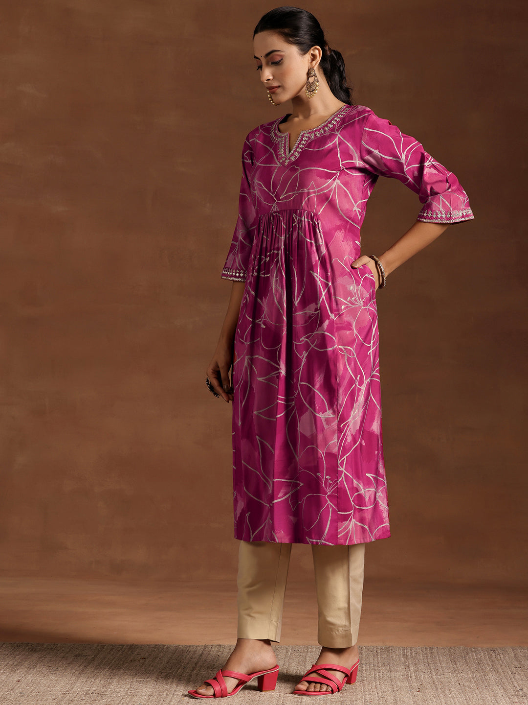 Pink Printed Silk A-Line Kurta