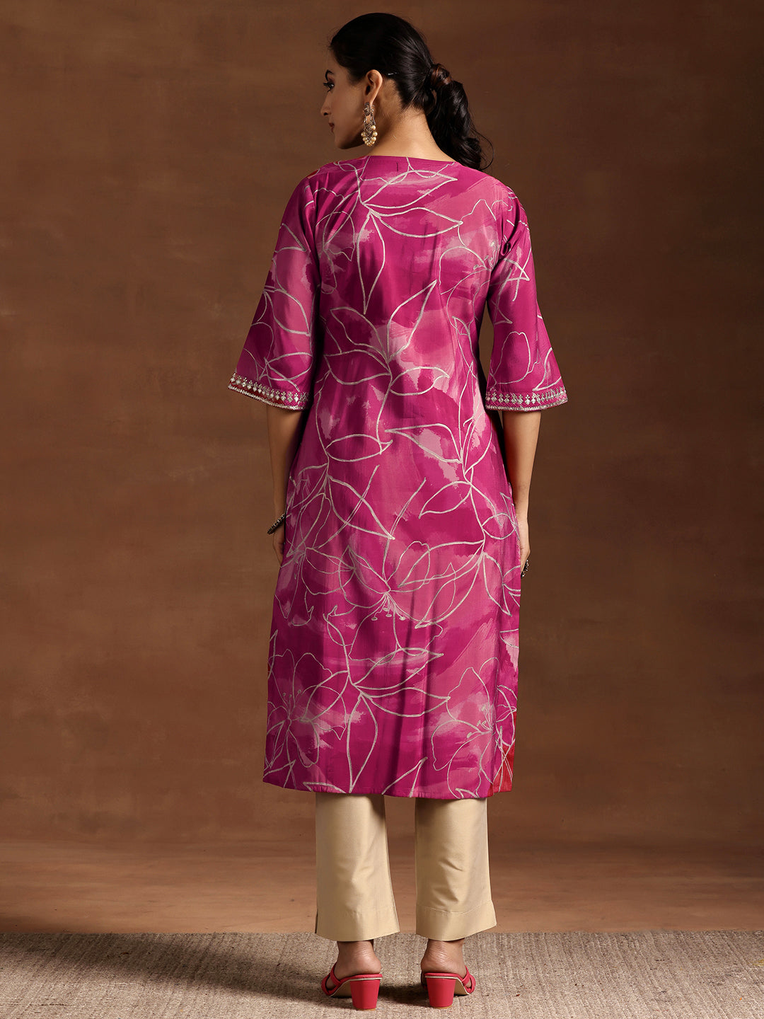 Pink Printed Silk A-Line Kurta