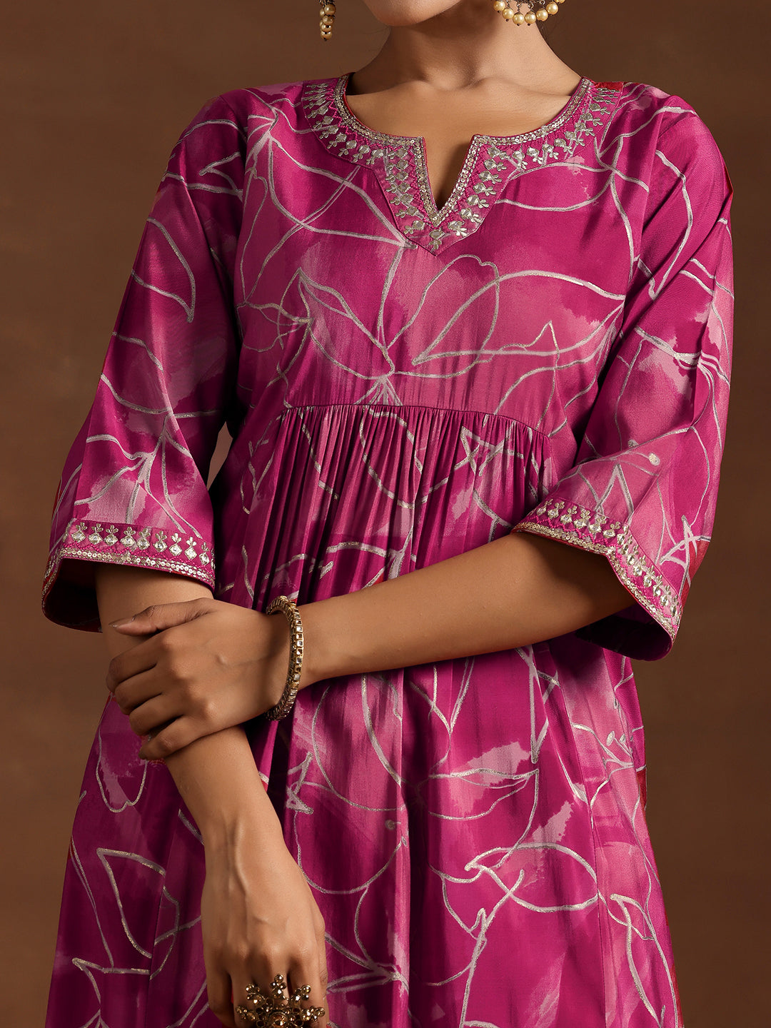 Pink Printed Silk A-Line Kurta