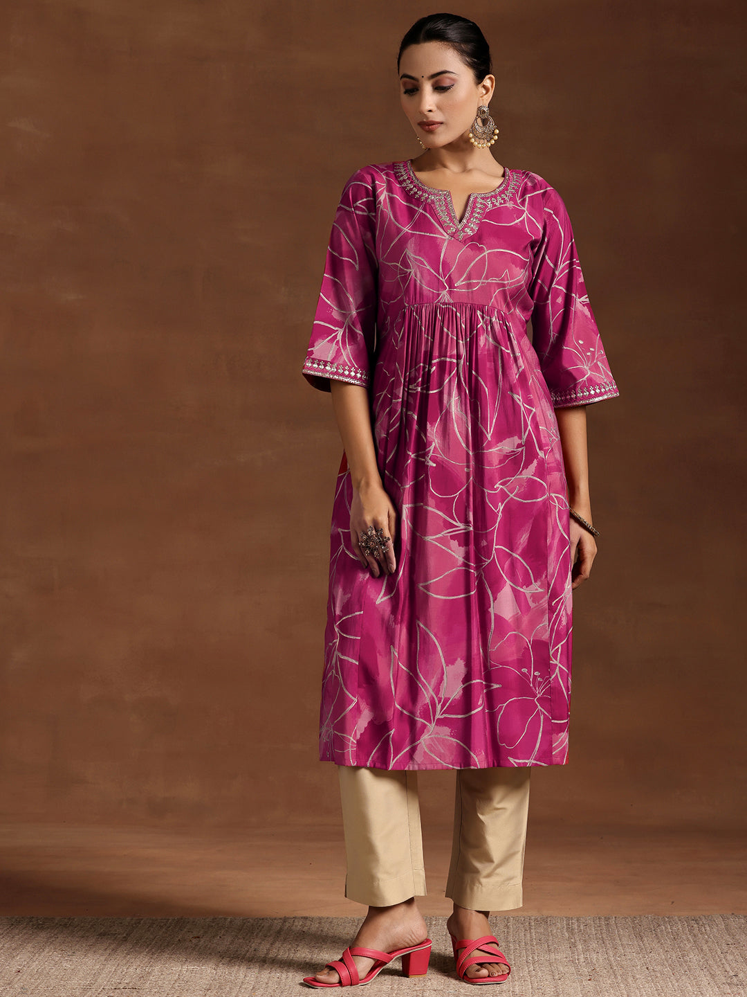 Pink Printed Silk A-Line Kurta