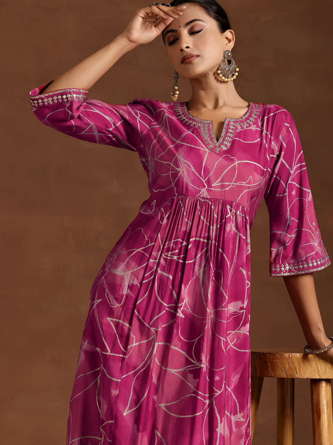 Pink Printed Silk A-Line Kurta