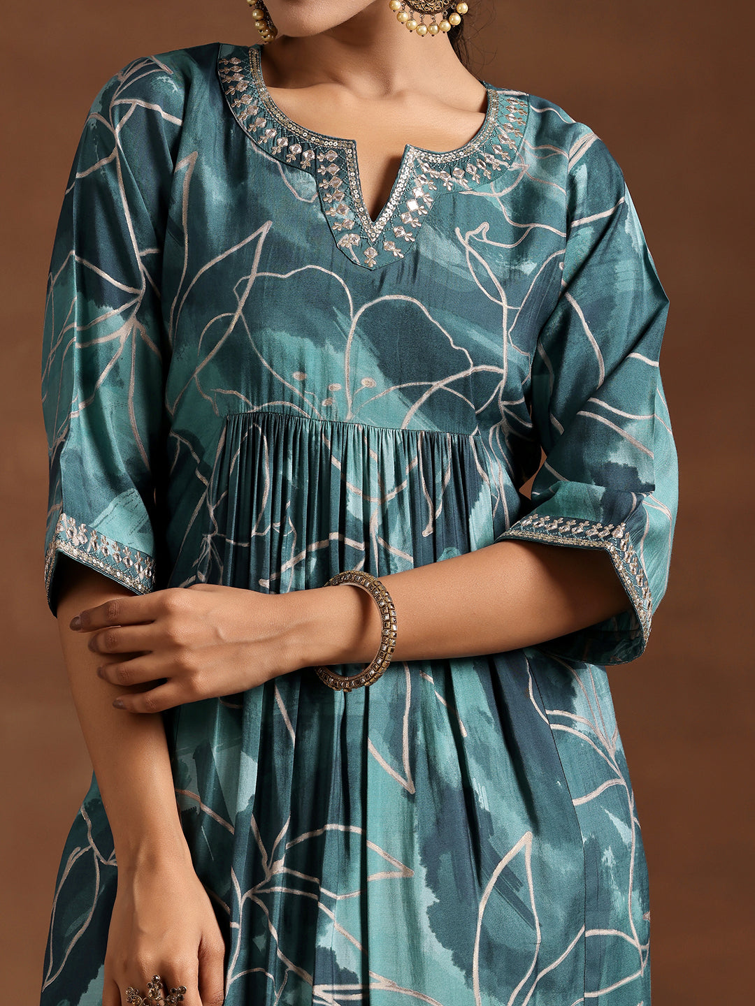 Blue Printed Silk A-Line Kurta