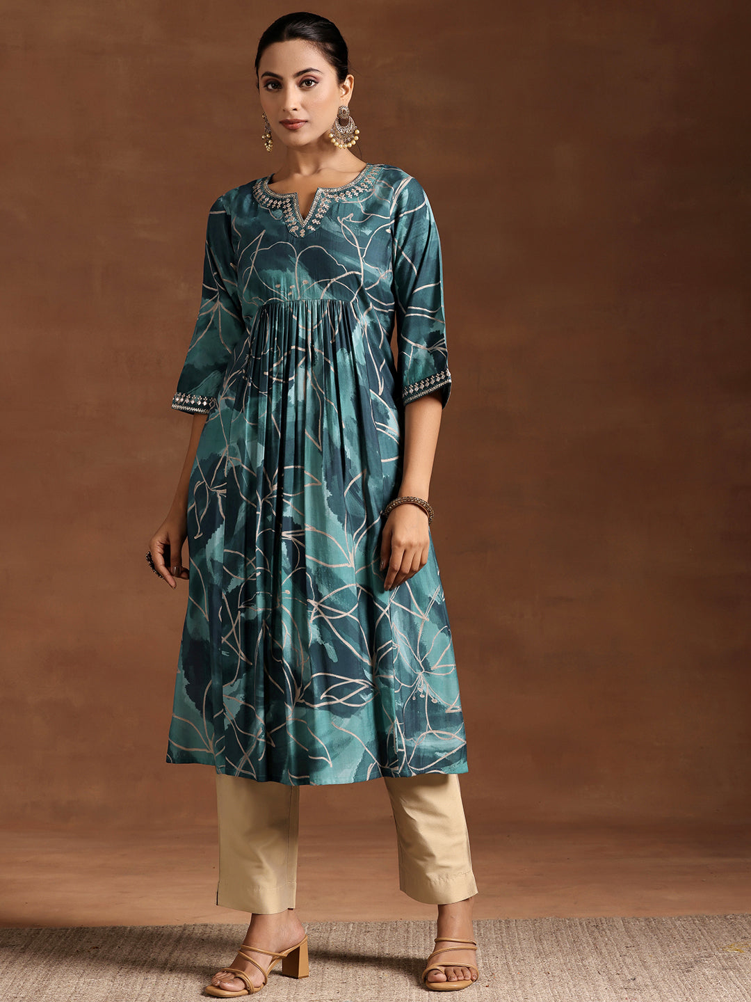 Blue Printed Silk A-Line Kurta