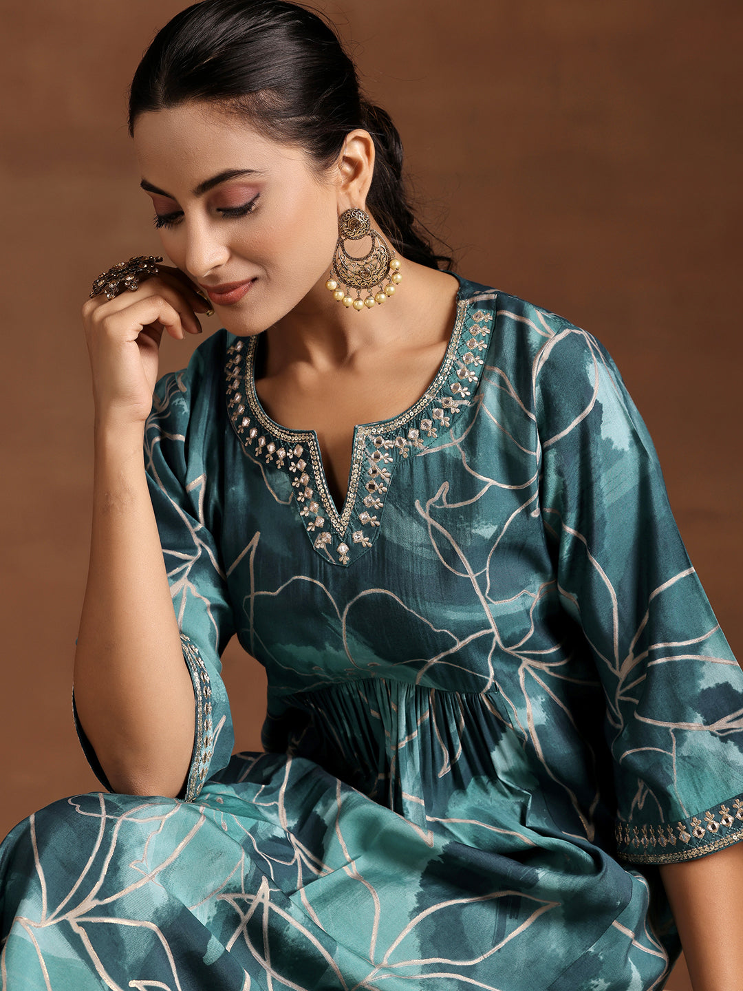 Blue Printed Silk A-Line Kurta