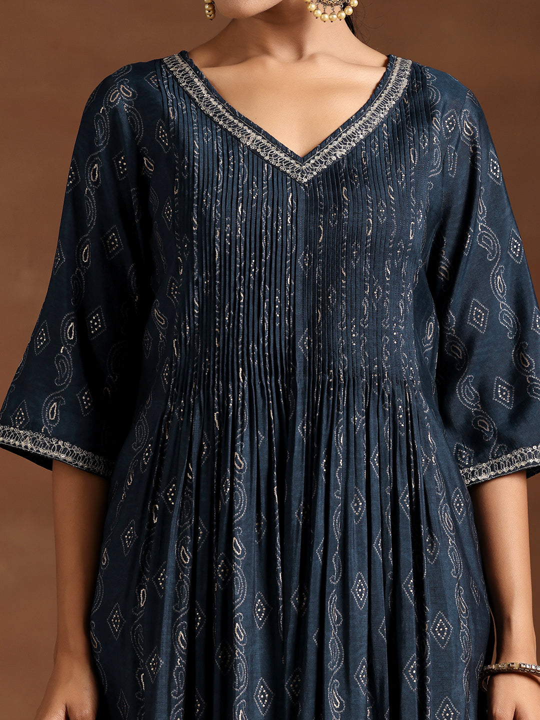 Blue Printed Silk A-Line Kurta