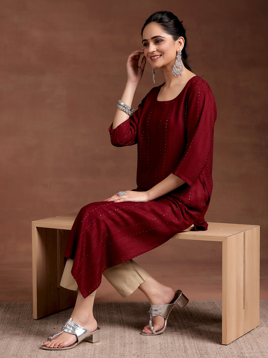 Red Woven Design Rayon Straight Kurta