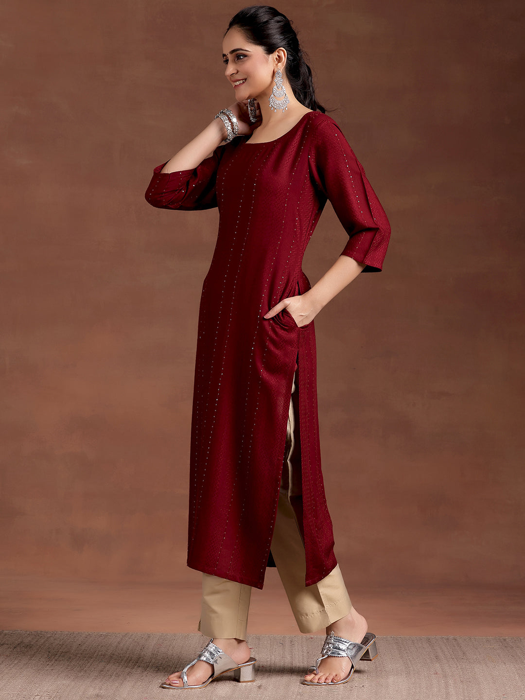 Red Woven Design Rayon Straight Kurta