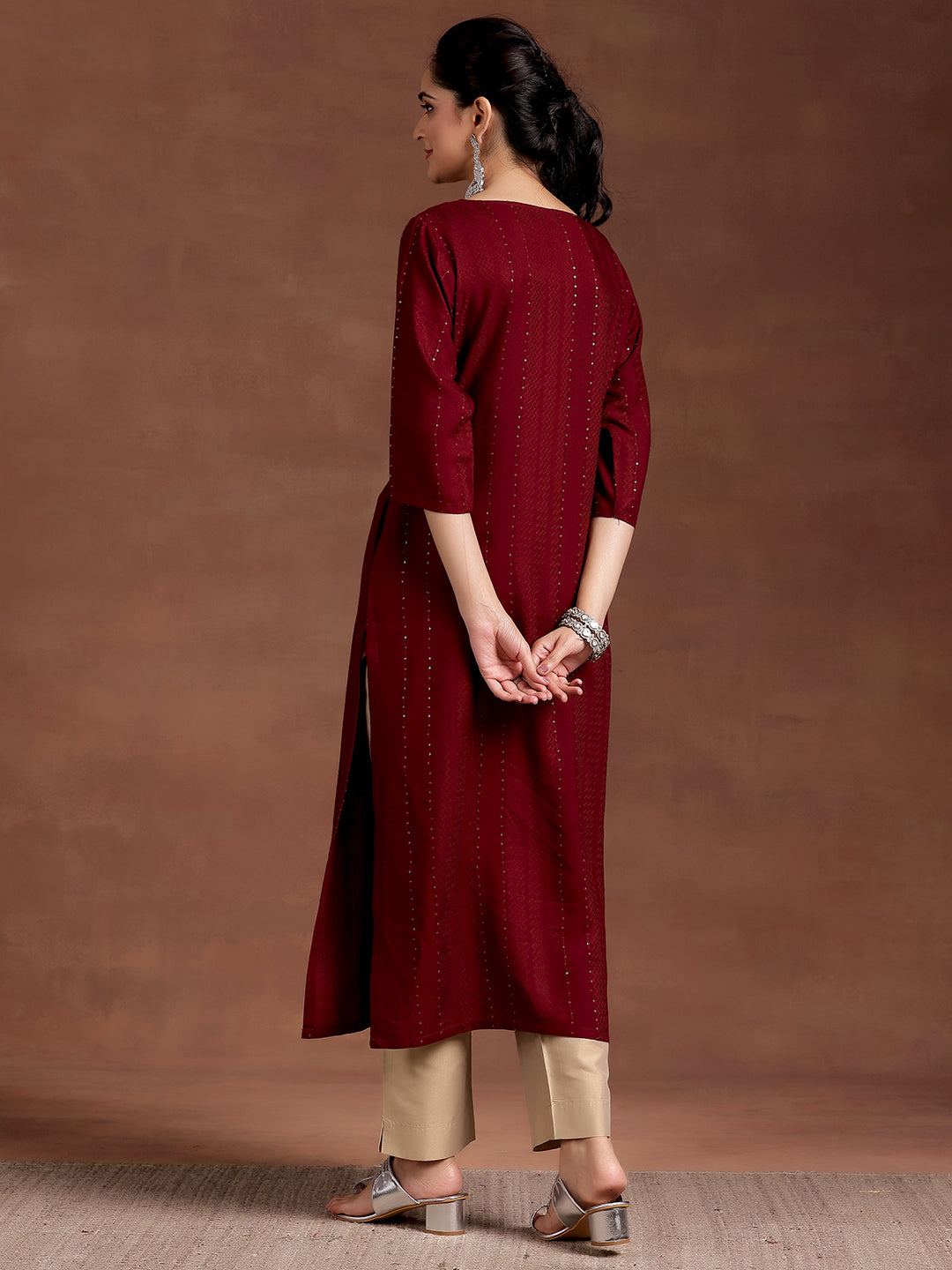 Red Woven Design Rayon Straight Kurta