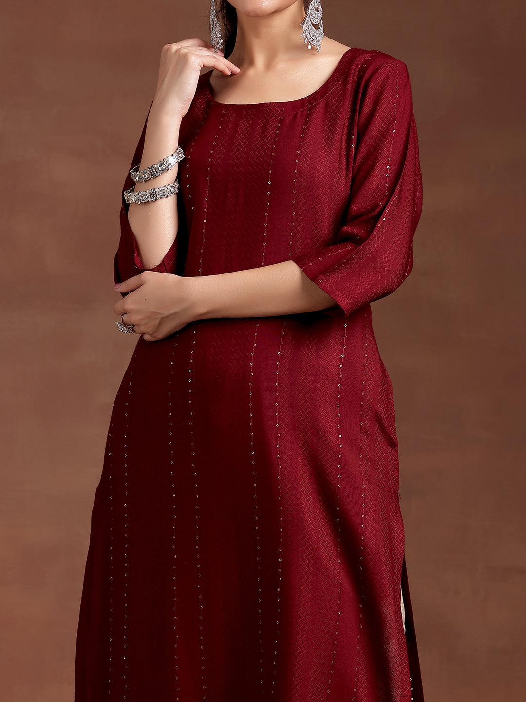 Red Woven Design Rayon Straight Kurta