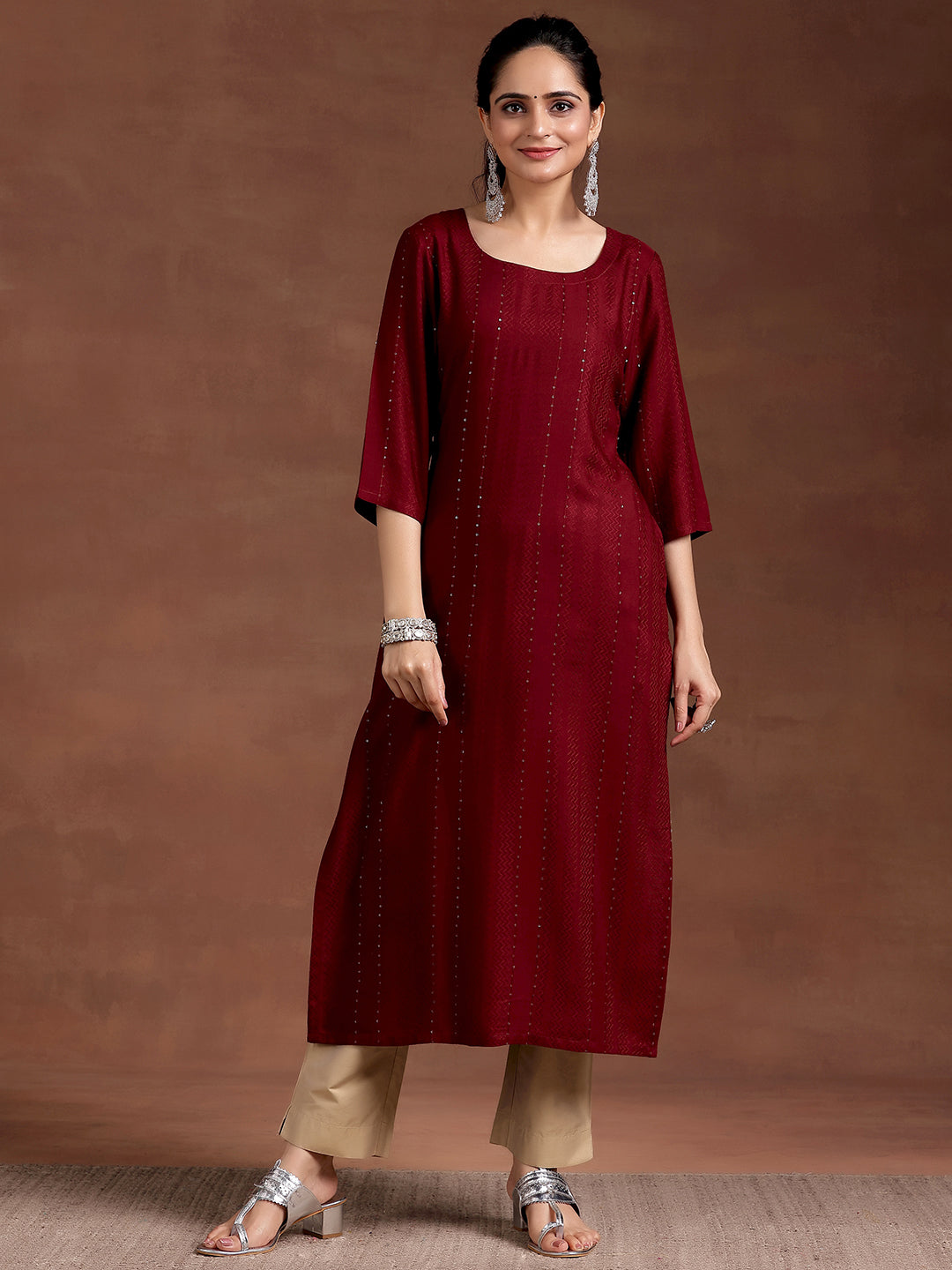 Red Woven Design Rayon Straight Kurta