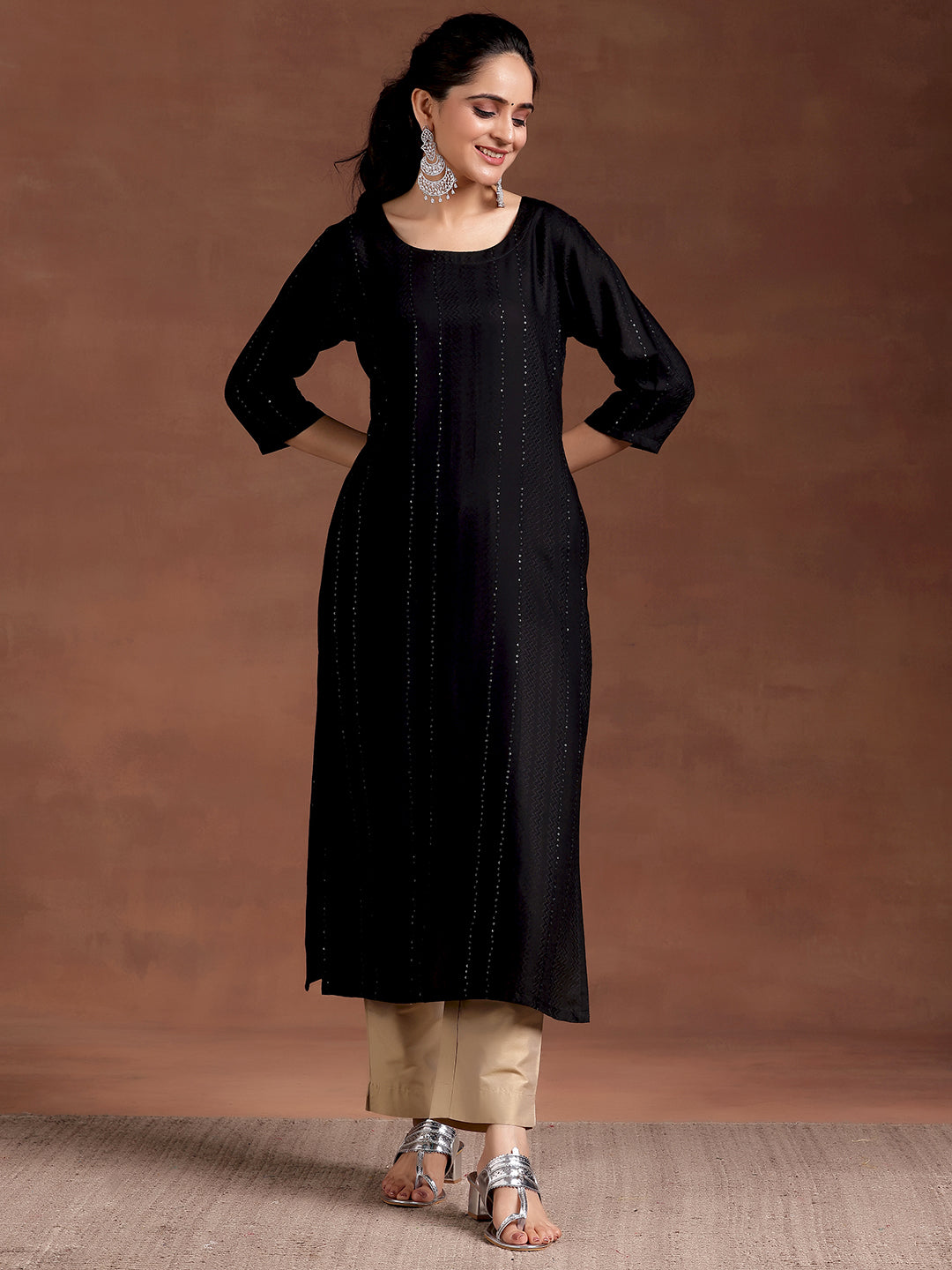 Black Woven Design Rayon Straight Kurta