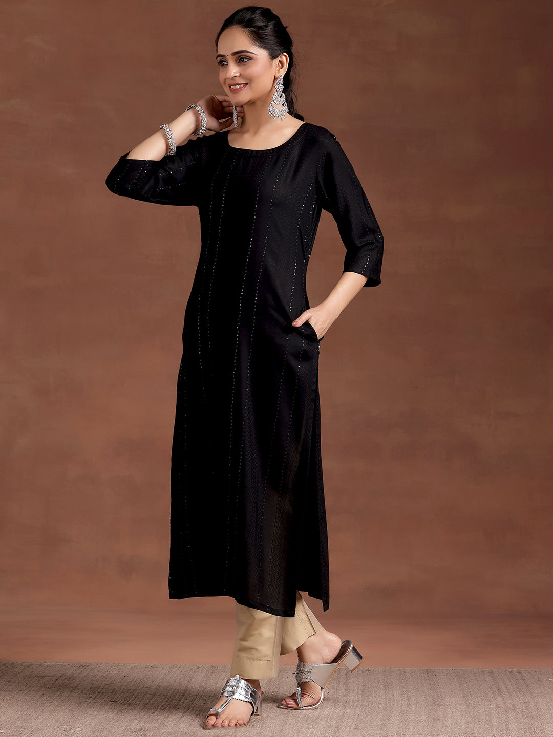 Black Woven Design Rayon Straight Kurta