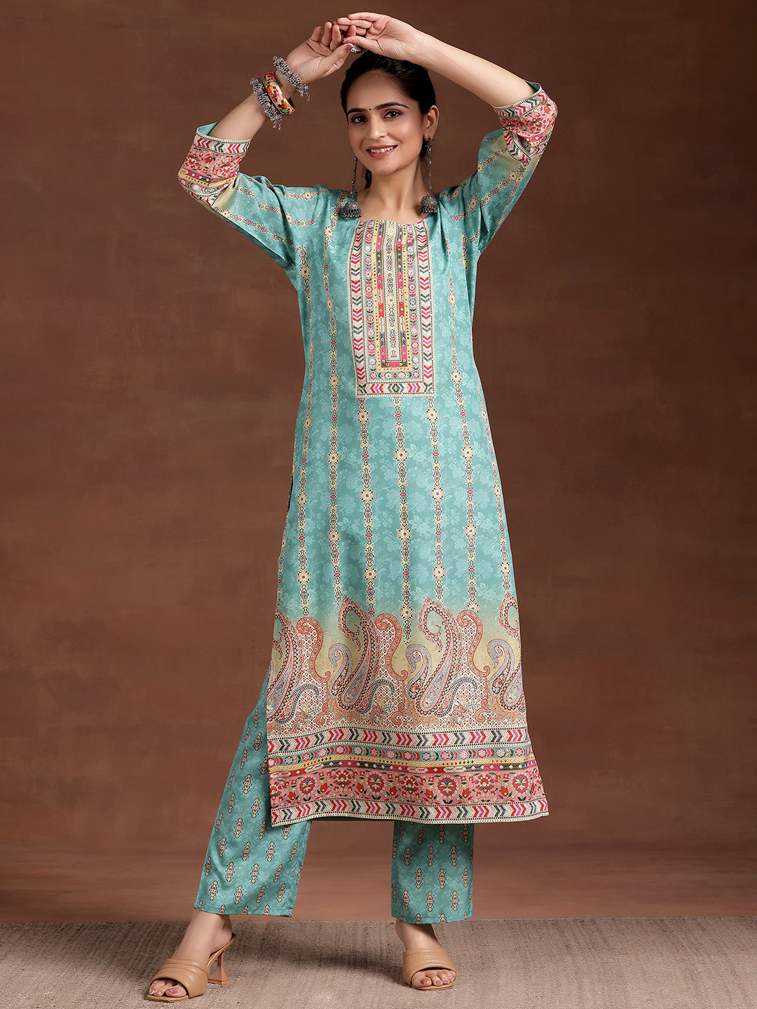 Sky Blue Printed Crepe Straight Kurta