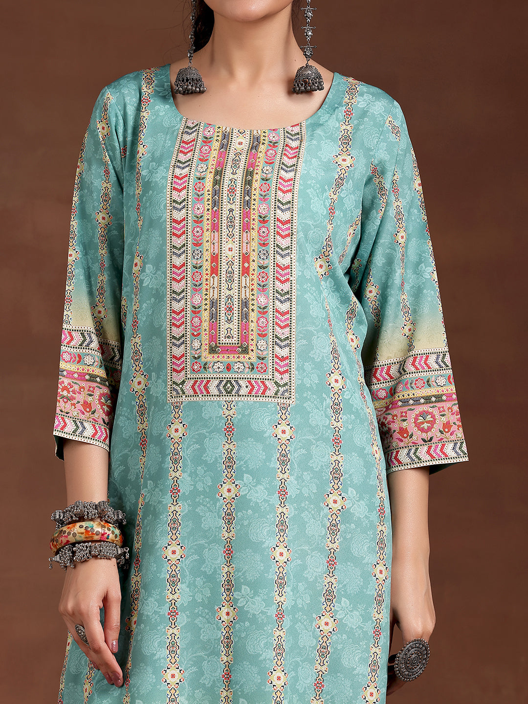 Sky Blue Printed Crepe Straight Kurta