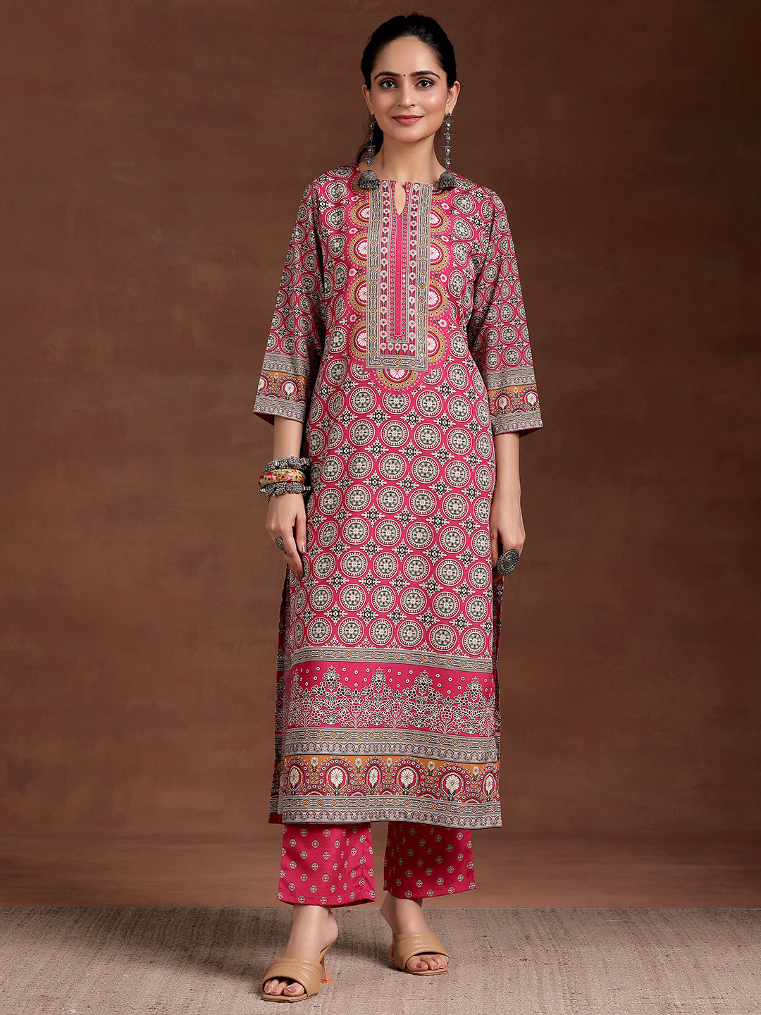 Pink Printed Crepe Straight Kurta