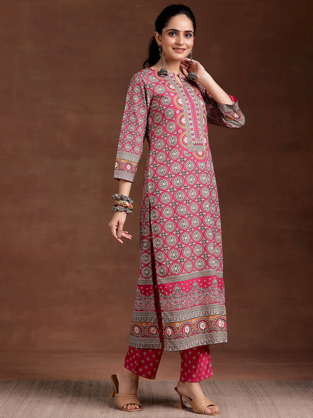 Pink Printed Crepe Straight Kurta