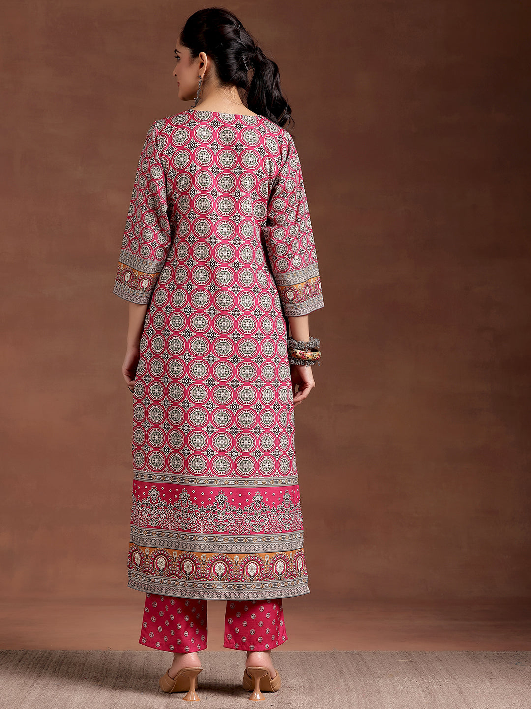 Pink Printed Crepe Straight Kurta