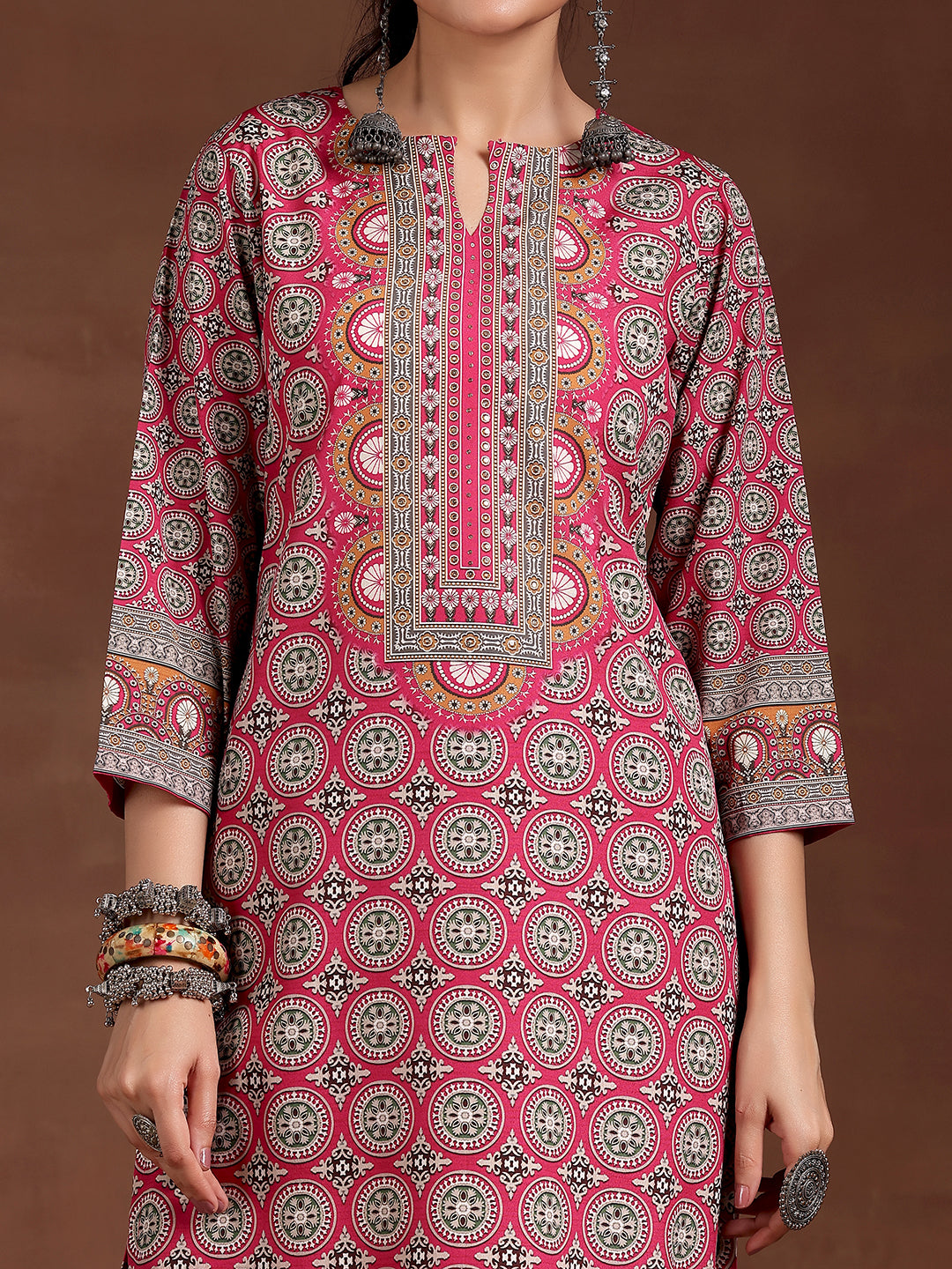 Pink Printed Crepe Straight Kurta