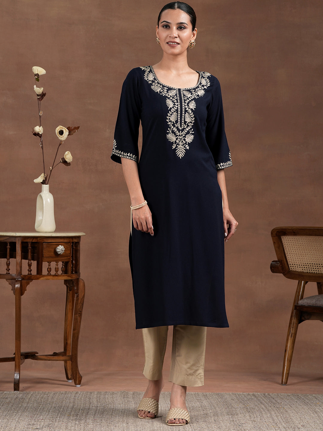 Blue Yoke Design Rayon Straight Kurta