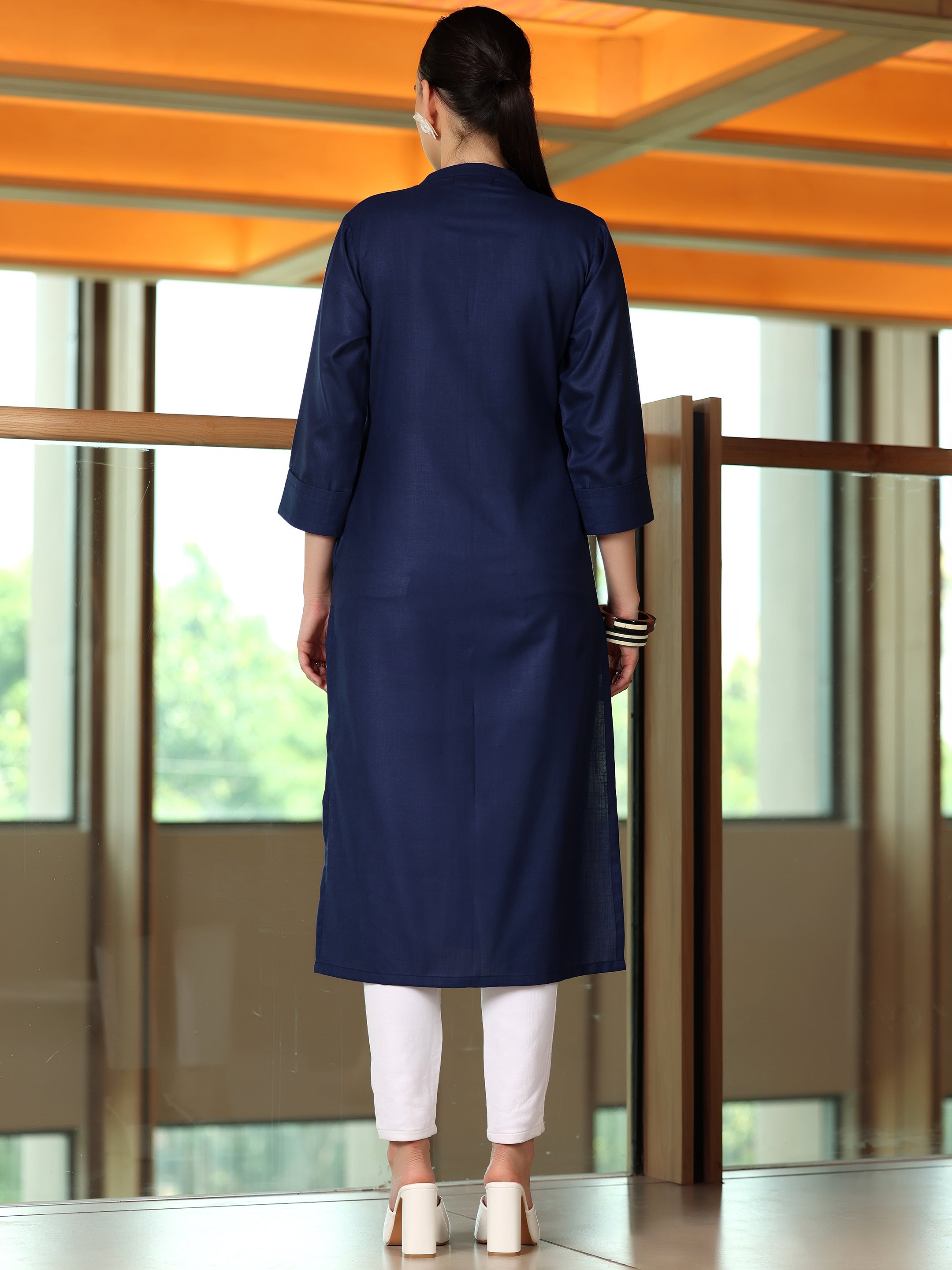 Blue Solid Silk Straight Kurta